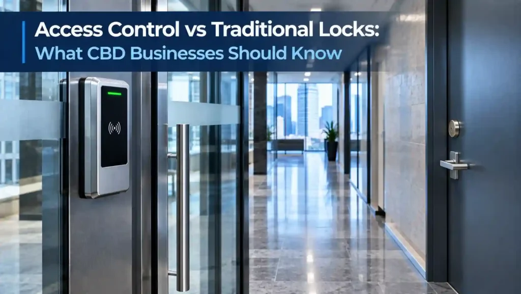 Access control card reader and traditional door lock inside a Sydney CBD office