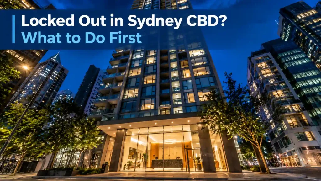 Sydney CBD residential tower with illuminated concierge lobby at night